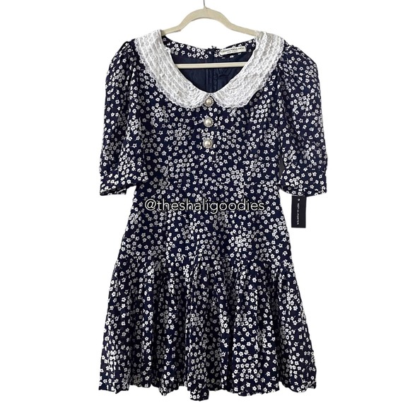 ALESSANDRA RICH Floral Daisy Print Lace Trimmed Silk Mini Dress - Picture 6 of 10